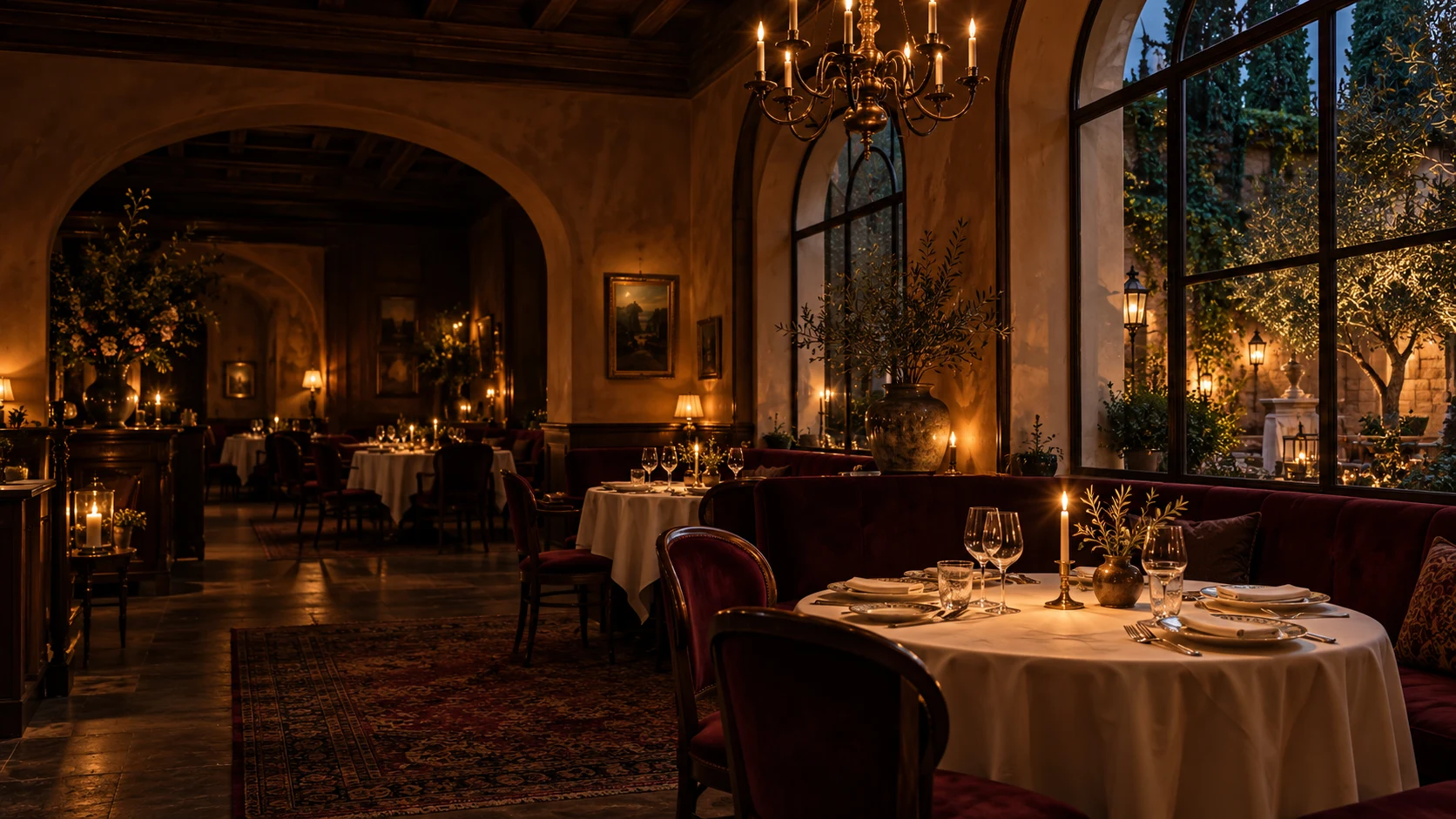 A candlelit Italian dining room with linen tables, burgundy velvet, and arched courtyard windows; concept imagery